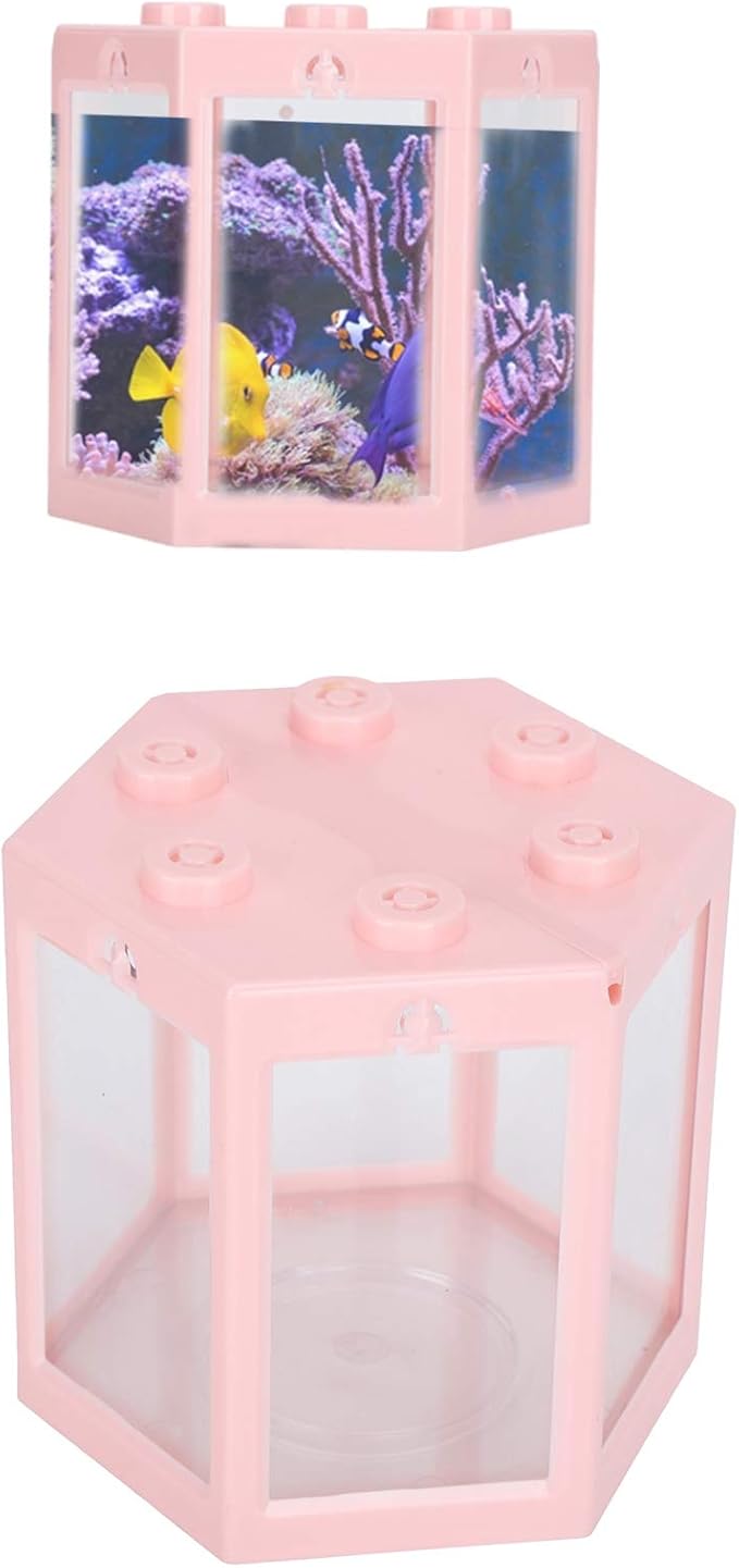 Small Betta Fish Tank, Hex Shape Portable Mini Aquarium Tank, Fish Tank Starter Kits Fish Bowl Aquarium Starter Kits for Turtle Reptile Shrimp Moss Crab Insects Habitat as Decoration(Pink)