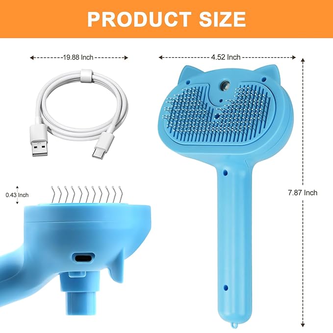 Pet Steam Brush for Dogs, 4 in 1 Cat Steam Brush for Long Short Haired, Self Cleaning Brush for Shedding, Metal Pet Misting Hair Comb with Handle for Grooming Kitten Dog(Blue)