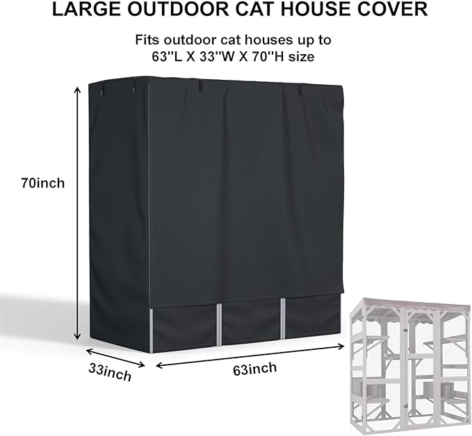Outdoor Cat House Cover 63" L x 33" W x 70" H - 600D Waterproof Protective Cover for Large Cat Catio Enclosures, Full Coverage Protection, Secure Fit (Cover Only)