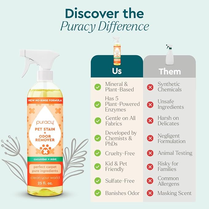 Puracy Natural Platinum Pet Stain and Odor Remover Plant-Powered Professional Pet Urine Odor Eliminator with Natural Enzymes Safe and Effective Carpet Pet Stain Remover and Cleaner, Cucumber & Mint