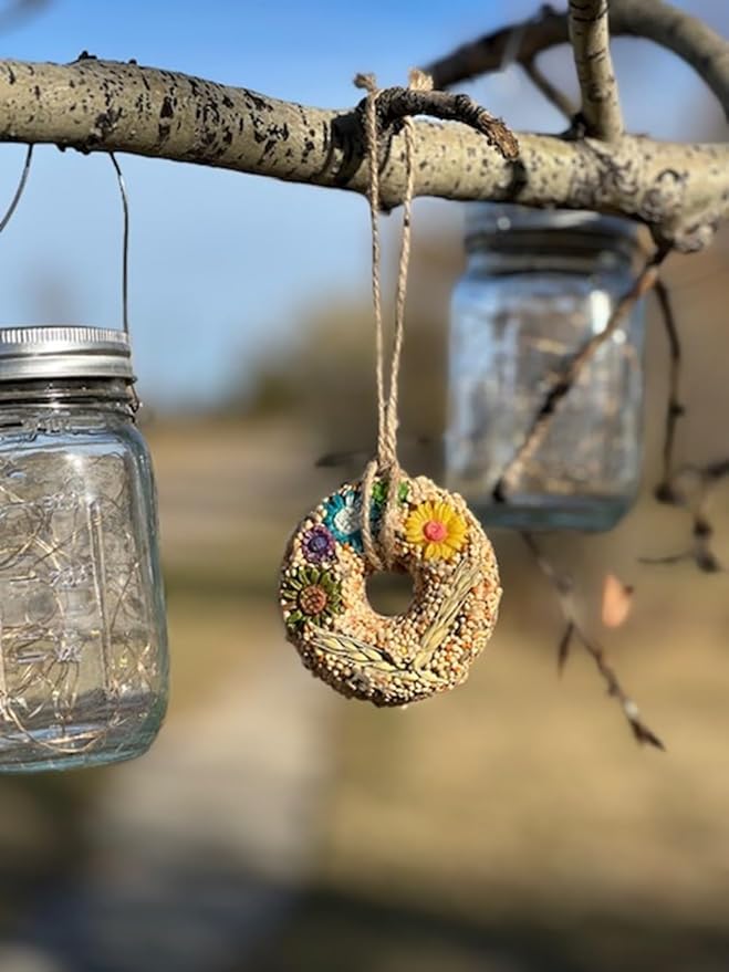 8-Pack Hanging Bird Seed Ornaments w/ 100% Edible Flowers & Wheat Stalks, Circle Shape, 3 Seed Blends Included, 100% Edible (Safe for Bird Consumption)