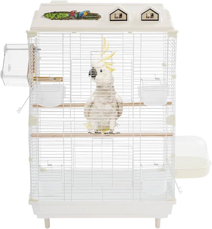 2-Door Wrought Iron Bird Cage Parakeet Cage with Roof, 30" H Parrot Cage Pet Birds Flight Cage, Interactive Birdcages Bird House Travel Cages for 4-6 Small Birds (Iron Mesh)