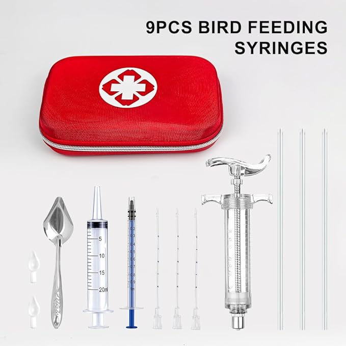 Bird Feeding Syringe Feeding Tubes for Baby Birds Parrot Hand Feeding Syringe with Curved Gavage Tubes and Stainless Steel Metal Feeding Spoon ( 9Pcs)
