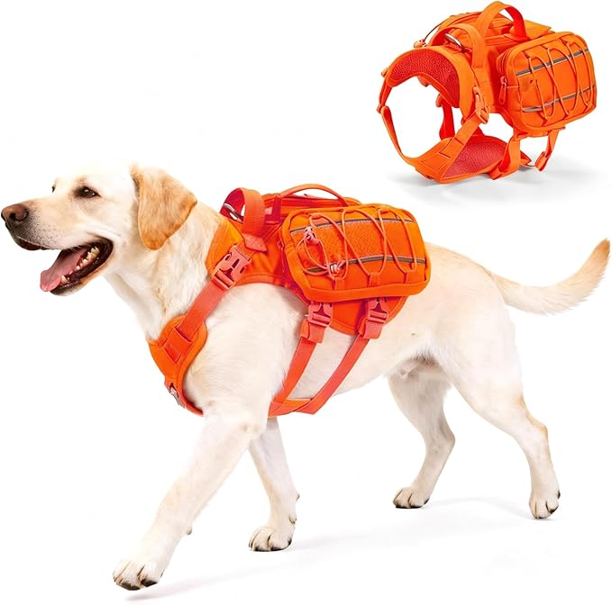 Large Dog Harness Backpack, No Pull Adjustable Dog Vest with Handle & Leash Ring, Lightweight Dog Backpack with Side Pockets for Walking, Training & Day Hikes, Orange, L