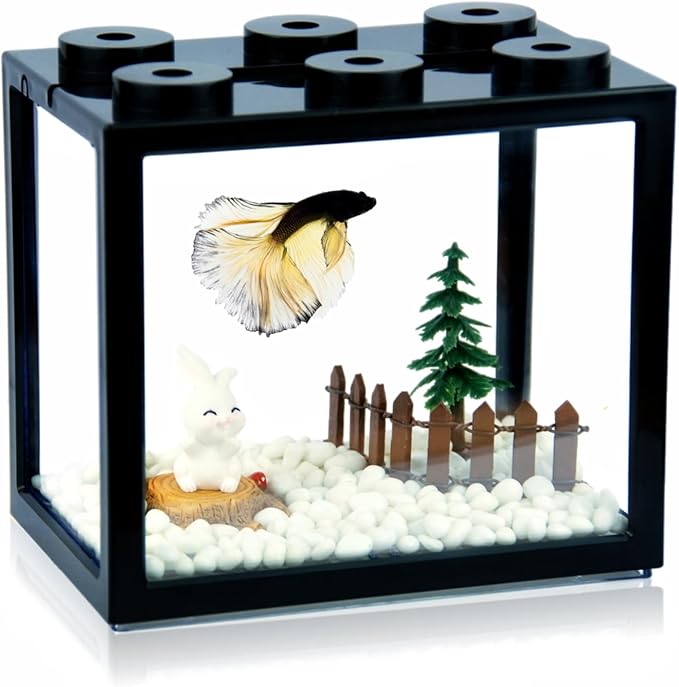 Small Betta Fish Tank, Stackable Mini Aquarium Tank Kit with Aquarium Gravel & Forest Micro Landscape, 0.6 Gallon Acrylic Cube Fish Bowl for Sea Monkeys Shrimp Snails (Black)