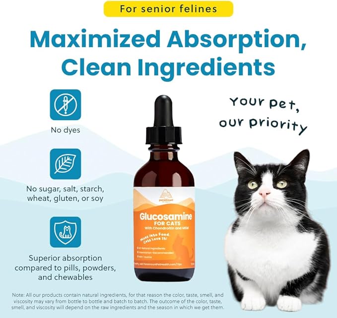 Paramount Pet Health Liquid Glucosamine Chondroitin MSM for Cats, Hip & Joint Support Supplement, Helps Maintain Mobility and Flexibility, Senior Cat Glucosamine Drops for Daily Joint Care, 2 oz