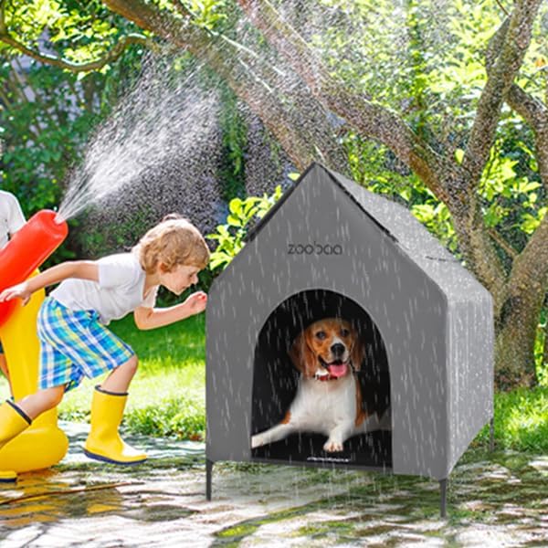29" 2-in-1 Dog House for Medium Dogs, Elevted Dog House Outdoor/Indoor, Weatherproof Elevated Pet Shelter, Breathable Mesh & Steel Frame, Easy to Assemble & Clean(Grey)