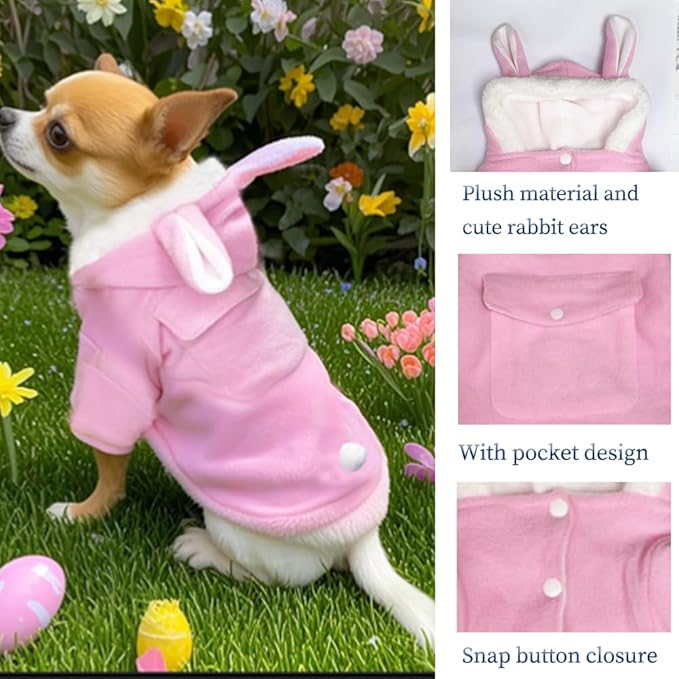 ANIAC Bunny Ears Cat Costume Plush Dog Hoodies with Pocket Sweater Cute Kitten Cat Clothes Warm Rabbit Ears Outfit with Hood for Small Dog Cat and Puppy (Pink-2, Medium)