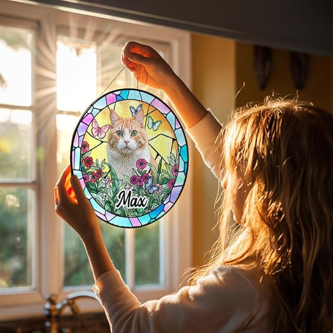 Lovely POD Custom Dog Portrait Stained Glass Suncatcher, Pet Memorial Stained Glass Photo Suncatcher, Dog Memorial Gift, Cat Loss, Pet Loss Gift, Christmas Ornament for Family