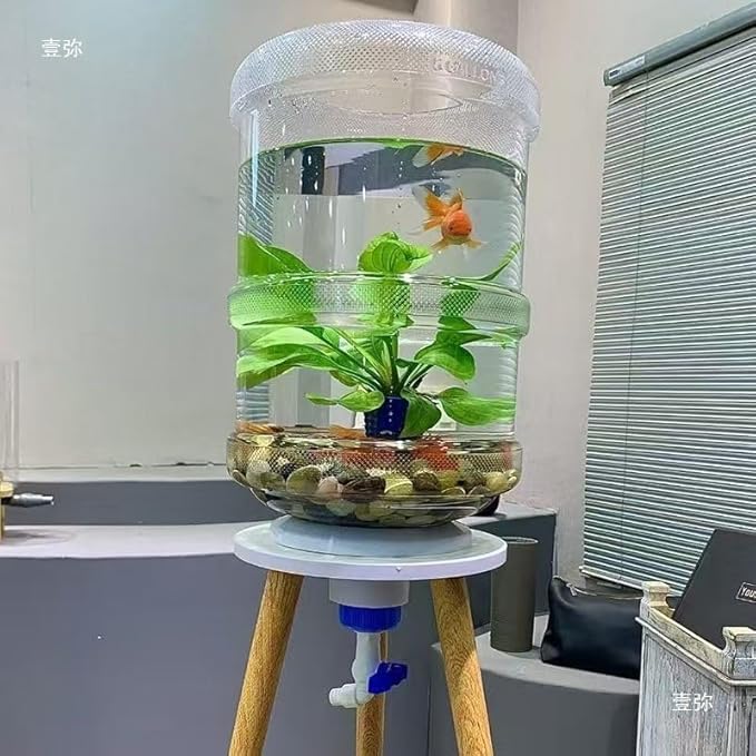 5 Gallon Upcycled Aquarium Kit with Wooden Stand - Eco-Friendly Fish Tank Starter Kit with Easy Drain Valve & Feeding Port for Betta, Turtle or Terrarium