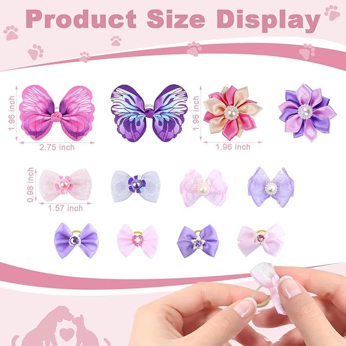 22 Pieces Cute Dog Hair Bows with Elastic Rubber Bands, Small Puppy Hair Accessories with Butterfly Flower Pearls Double Bow Elegant style for Pets Dogs Cats Hair Grooming (Purple and Pink)