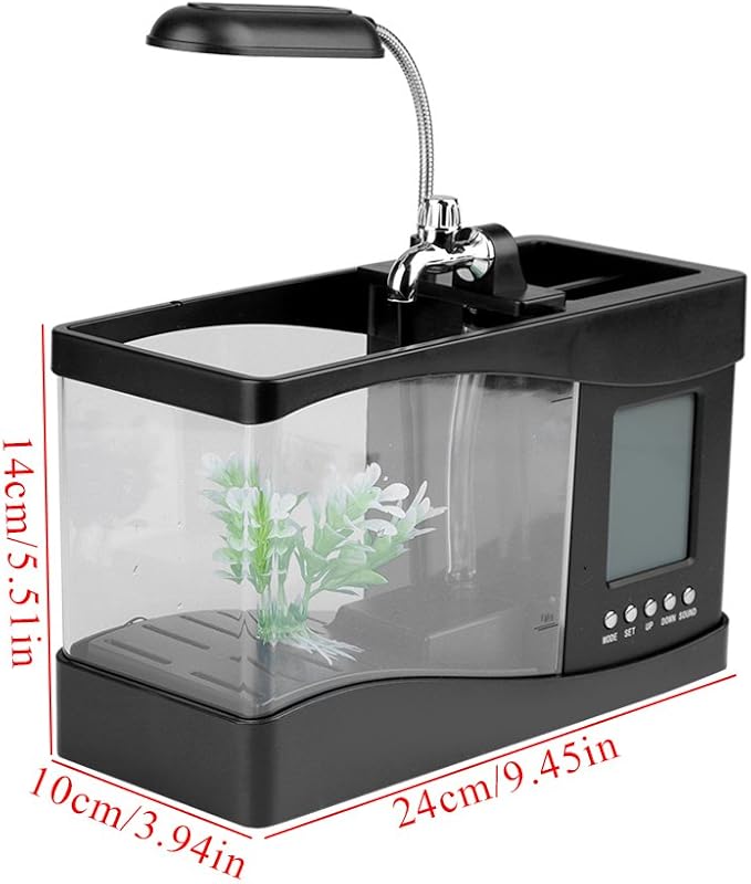 Multifunctional Mini Fish Tank, Desktop Aquarium with USB Rechargeable LED Lights, Clock Function, Black Plastic Fish Tank