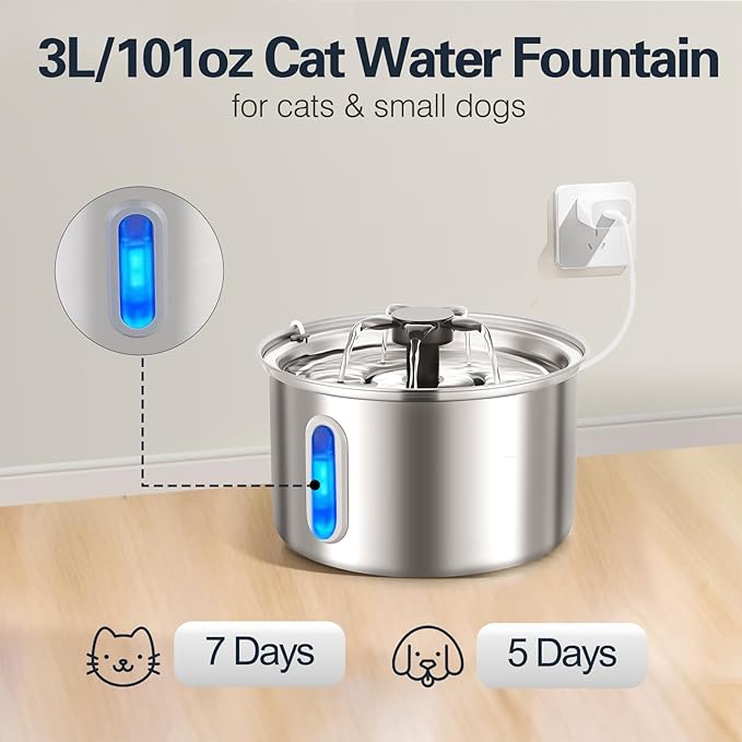 3L/101oz Stainless Steel Cat Water Fountain for Indoor Use - Ultra Quiet Automatic Cat Fountain for Drinking, BPA-Free Pet Water Dispenser for Cats/Small Dogs LED Window (2 Filters & 2 Sponges, Large)