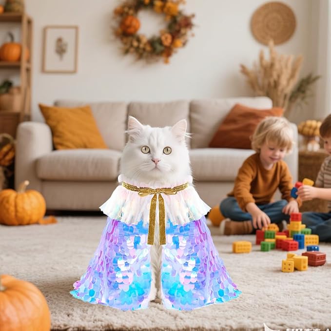 2 Packs Halloween Cat Costumes, Small Funny Sequins Halloween Cat Wizard Cape Adjustable Pet Wizard Cloak for Little Dogs Cats Puppy Halloween Cosplay Party