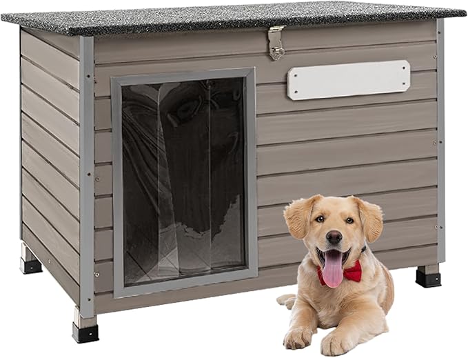 Dog House Outdoor,Chew-Proof Iron Frame Dog Kennel Weatherproof Natural Fir Wood Dog Houses with Removable Floors,Easy Assembly (34" L X 22" W X 25" H)