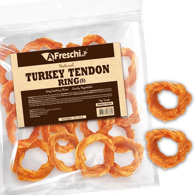 A Freschi srl Turkey Tendons for Dogs, Long-Lasting, Hypoallergenic Rawhide Alternative, Human Grade, Healthy Puppy Chews, Natural Dog Treats for Small Dogs, Ring (S), 8oz Pack