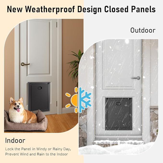 Aluminum French Large Dog Door, Heavy-Duty with Strong Double Magnetic Flaps & Aluminum Telescoping Tunnel, for Large/Medium Dogs Up to 110LBS - Black