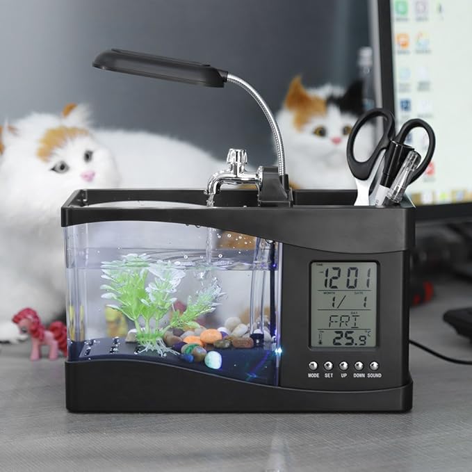 Multifunctional Mini Fish Tank, Desktop Aquarium with USB Rechargeable LED Lights, Clock Function, Black Plastic Fish Tank