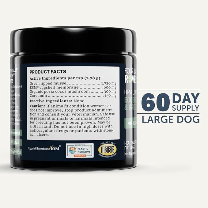 Hip & Joint - Joint Supplement for Dogs with Green Lipped Mussel, Eggshell Membrane and Curcumin - Veterinarian Formulated - 60 Day Large Dog Supply