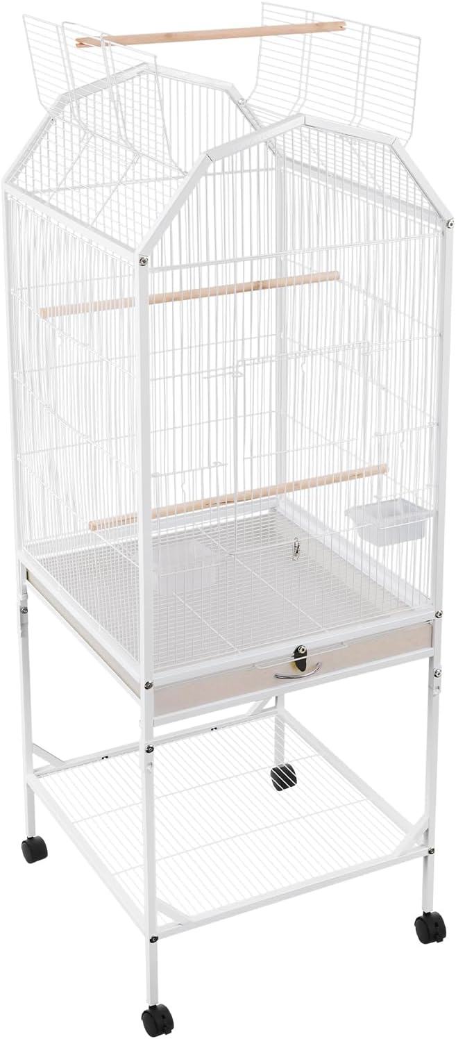 Bird Cage, Open Top and Rolling Stand Medium Small Bird Cage, Bird Cages with Universal Wheels for Parrots, Budgerigars, Parakeets, Cockatiels, Lovebirds, 18 x 18 x 53.9 Inch (White)