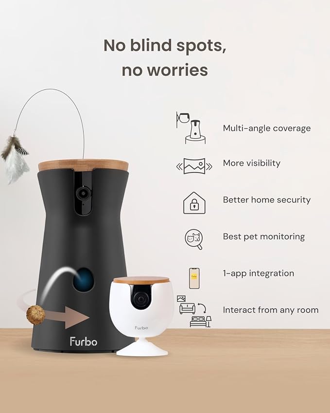 Furbo 360° Cat Camera + Mini [New Subscription Required at Setup] 2-Camera Bundle Nanny Pro Subscription: Cat Safety & Home Security Alerts, Pet Camera with Speaker, Phone App & Night Vision