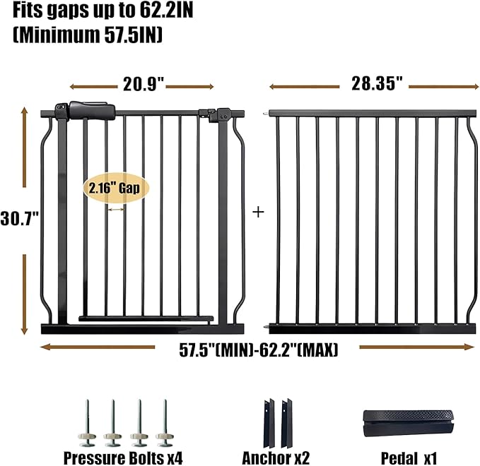 Extra Wide 57.5-62 Inch Large Baby Gates for Stairs, Doorways - No Drilling, Pressure Mounted Pet Gates for Kids & Dogs