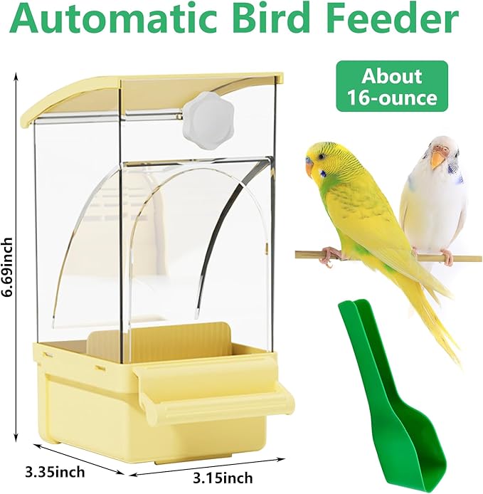 Hamiledyi 2Pcs Automatic Bird Feeder No Mess Bird Cage Feeder Transparent Acrylic Parrot Seed Food Container with Perch Cage Accessories for Parakeet Finch Lovebirds Budgies Canary (Yellow)