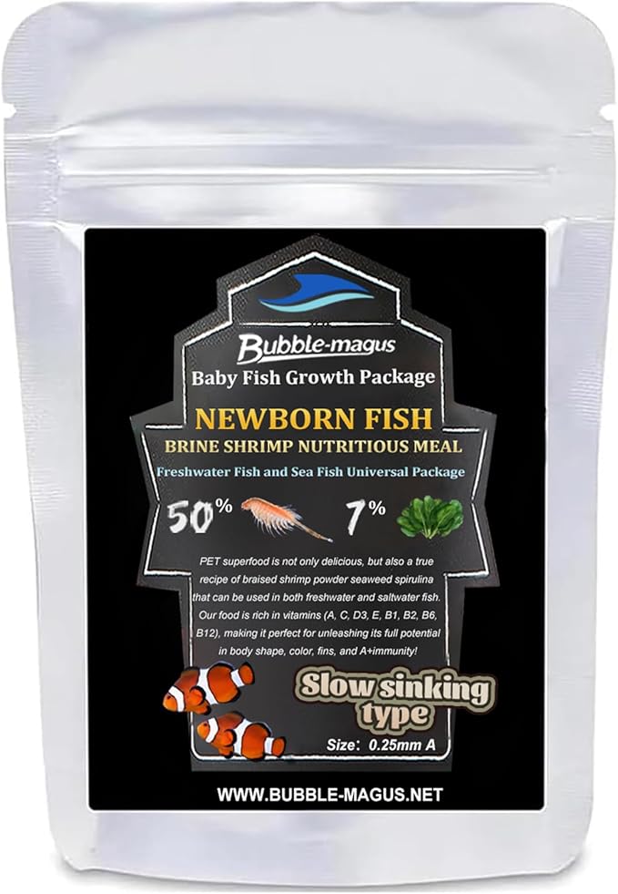 Bubble Magus Baby Fish Food with 50% Sword Prawn Shrimp, Slow Sinking, Substitute for Brine Shrimp - for Fry Health and Cleaner Water（1oz）