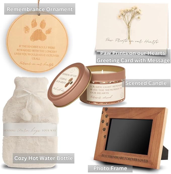 Pet Loss Bereavement Box, Sympathy Gift for Loss of Dog, Pet Memorial Christmas Gift with Photo Frame, Christmas Remembrance Ornament, Memory Candle, Hot Water Bottle, Comfort Grieving present