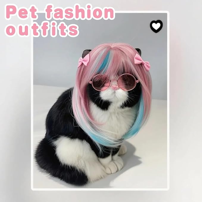 Idepet Cat Wig, Pet Wig for Dogs & Cats Adjustable Fit, Mixed Blue & Pink Wigs for Cat Halloween Cosplay Party