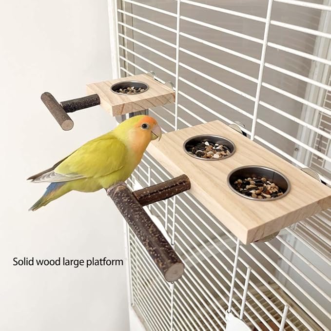 Bird Food Stainless Steel Cups Wooden Perch Stand Hanging Feeder Bowls Feeding and Watering Supplies for Parakeets Conures Cockatiels Budgie Parrot (with Two Cups)