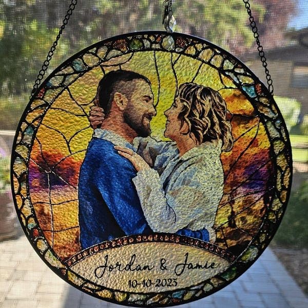 LOVELYPOD Custom Photo Stained Glass Suncatcher Couple Portrait Window Hanging, Valentine Gift Him Her Boyfriend Girlfriend, for Husband Wife, Christmas Ornament for Family
