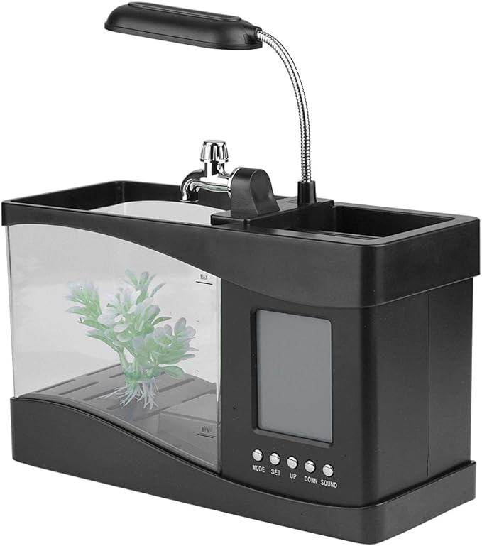 Small Divided Fish Multifunctional USB Rechargeable Mini Fish Aquarium with Clock Function LED Light(Black)