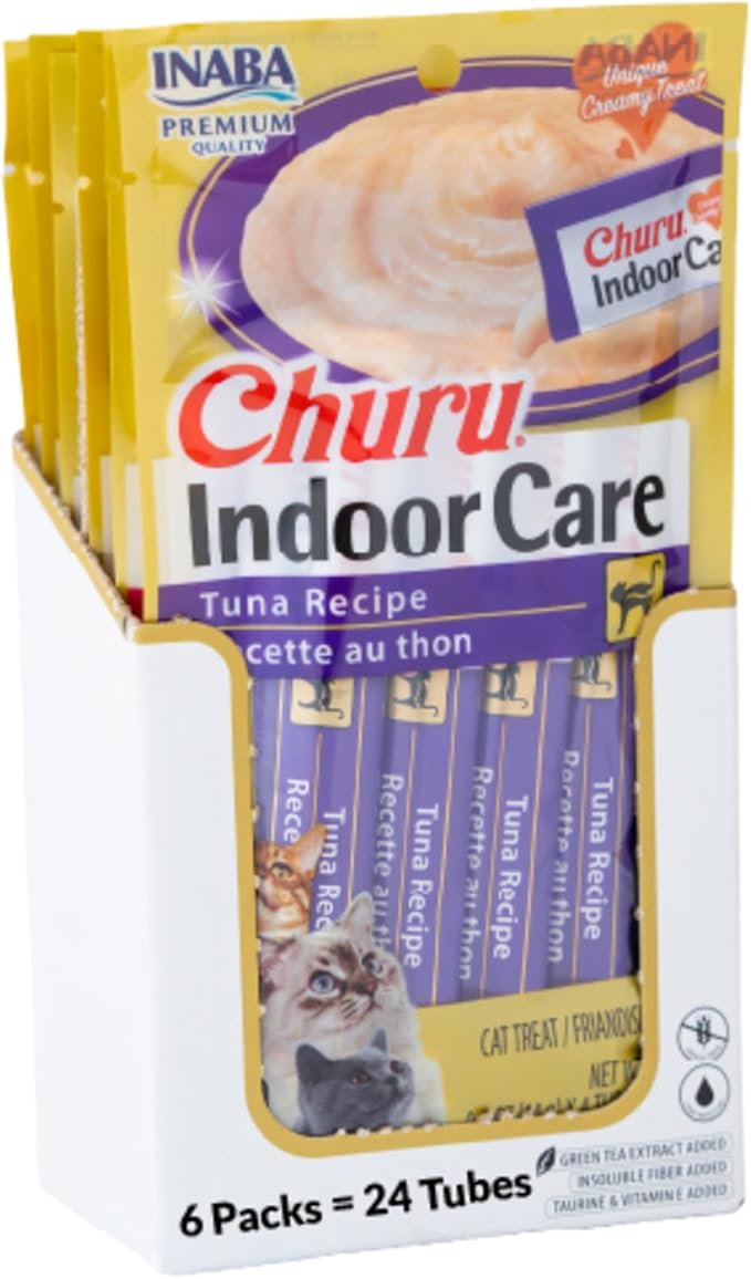 INABA Churu Hairball Control, Functional, Creamy Lickable Purée Cat Treat with Taurine & Vitamin E, 0.5 Ounces Each, 24 Tubes (4 per Pack), Tuna Recipe - Packaging May Vary*