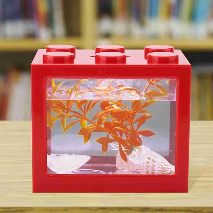Mini USB LED Aquarium Fish Bowl Plastic Tank with White Light for Desk Tabletop Decor Energy-Saving Office Accent(Red)