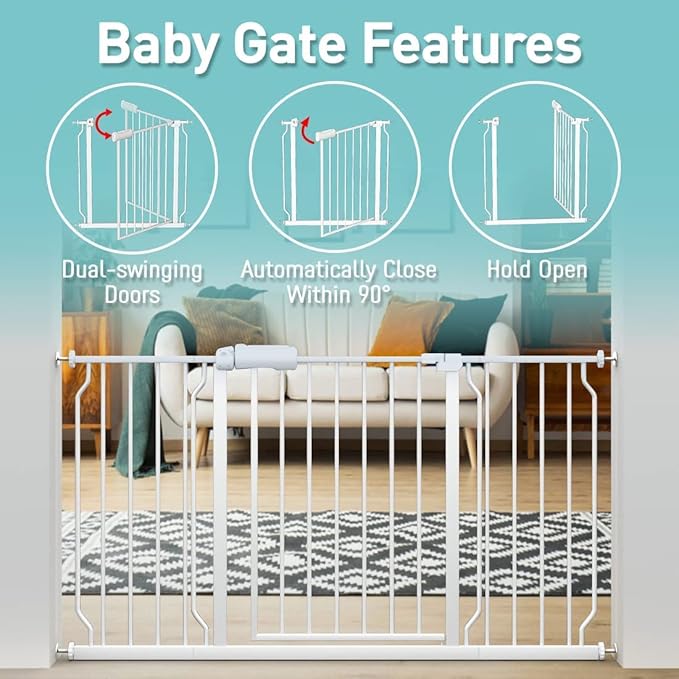 WAOWAO Baby Gate 76.38-81.07" Extra Wide Pressure Mounted Walk Through Swing Auto Close Safety White Metal Toddler Kids Child Dog Pet Puppy for Stairs,Doorways,Kitchen