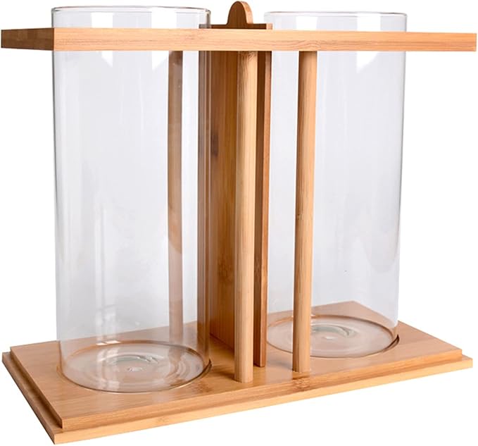 Dual Chamber Bamboo Desktop Aquarium - Mini Betta Fish Tank with LED Light, 360° View Glass Tanks for Goldfish or Small Fish, Home Office Decor