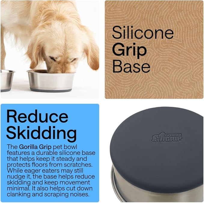 GORILLA GRIP Set of 2 Dog Bowls, Holds 8 Cups (64 fl oz), Heavy Duty Metal Food and Water Bowl for Feeding Dogs and Cats, Dishwasher Safe, Rust Resistant Stainless Steel, BPA Free Rubber Base, Gray