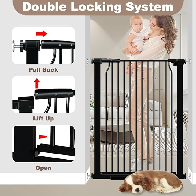40.55" Walk Through Extra Tall Wide Baby Gates, 74.1"-76.7" Black Pressure Mounted Dog Gates