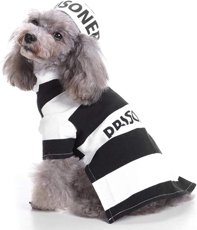 Halloween Fancy Prisoners Dogs Cats Warm Costumes with Hat for Teddy, Pug, Chihuahua, Shih Tzu, Yorkshire Terriers, Papillon D-Black/White S