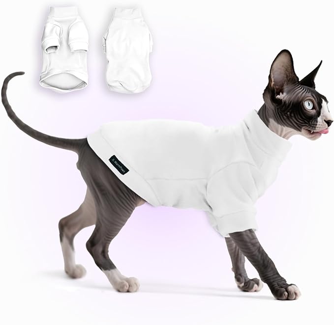 Fleece Sphynx Cat Clothes Soft Hairless Cat Clothes Pullover Cat Sweater for Chihuahua All Season Light and Warm Kitten Cloth for Cats Only Puppy Clothes Small Dog Sweater (White, Small)