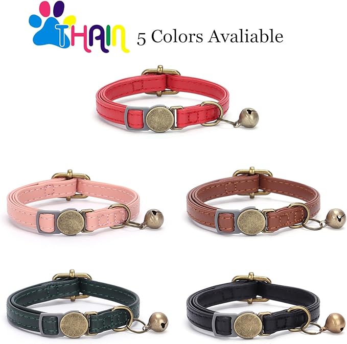THAIN Leather Cat Collar with Bell Breakaway- Adjustable, Durable, Retro Bell fit Most Cats and Kittens (Pink)