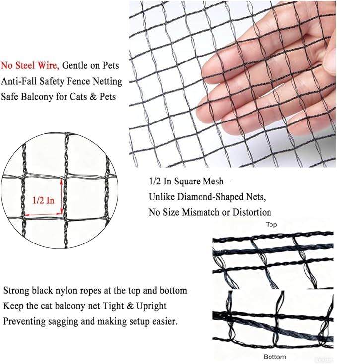 10x20 ft Cat Netting Balcony, No Steel Wire, Anti-Fall Safety Net for Cats – Pet Balcony Screen, Catio Netting, Cat Fence Barrier for Apartment Balconies, Windows, Stair, Decks, Patios