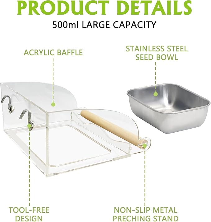 BNOSDM No Mess Bird Feeder for Cage with Stainless Steel Food & Water Bowl Wood Anti-Slip Perch Stand with Acrylic Parakeet Seed Dishes for Cockatiel, Lovebird, Canary, Finch, Conure (Hook)