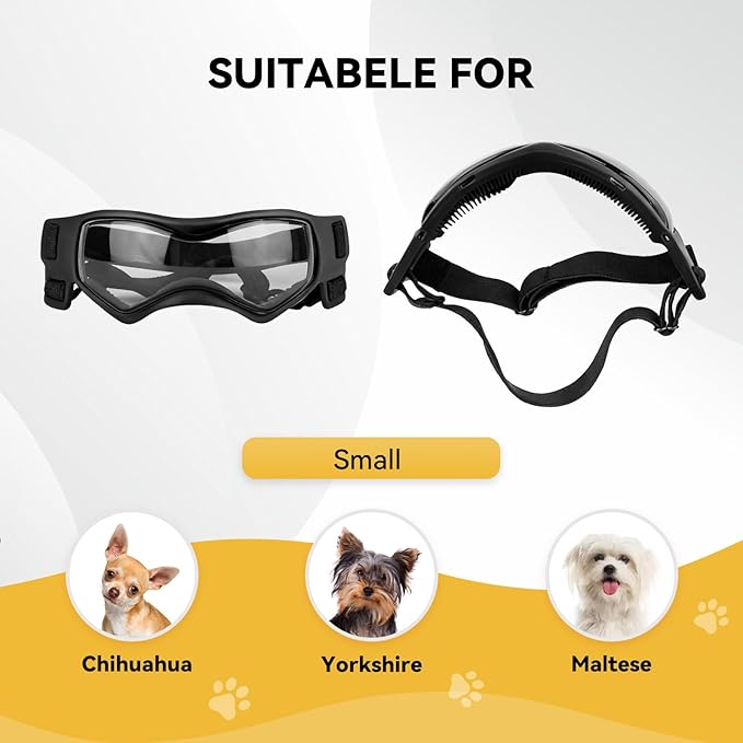 NAMSAN Dog Goggles Small Breeds, UV Protection Pet Sunglasses for Puppy, Windproof Dust-Proof, Adjustable Elastic Straps, Outdoor Driving Driving Cycling Small Dog Eye Protection, Black