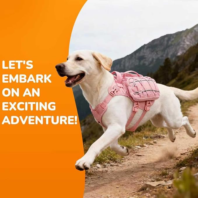 Medium Dog Harness Backpack, No Pull Adjustable Dog Vest with Handle & Leash Ring, Lightweight Dog Backpack with Side Pockets for Walking, Training & Day Hikes, Pink, M