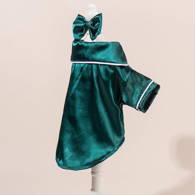 Cat Puppy Costume Elegant Satin Pajamas with Bow Headband 2PCs Set Pet Sleepwear Cute Pet Outfit Cosplay Partywear Photoshoots (Green Set,Medium)