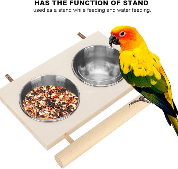 Bird Feeding Dish Cup with Wood Stand Stainless Steel Parrot Food Bowl Water Feeder Cage Accessories with Perch for Cockatiel Parakeet