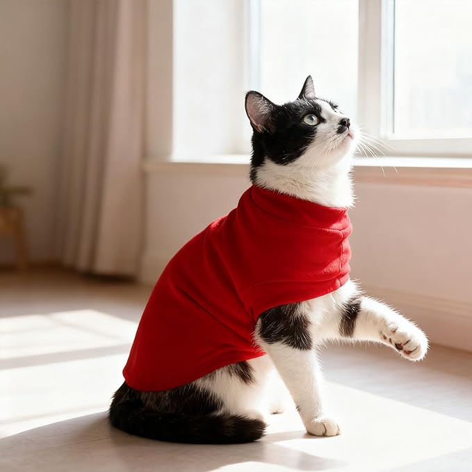 EXPAWLORER Soft Cat Sweater - Sweaters for Cats Only Warm Kitten Clothes, Fall and Winter Pet Coat Pullover Design, Fleece Sweatshirt Clothing Also for Puppy Small Dogs, Bright Red S