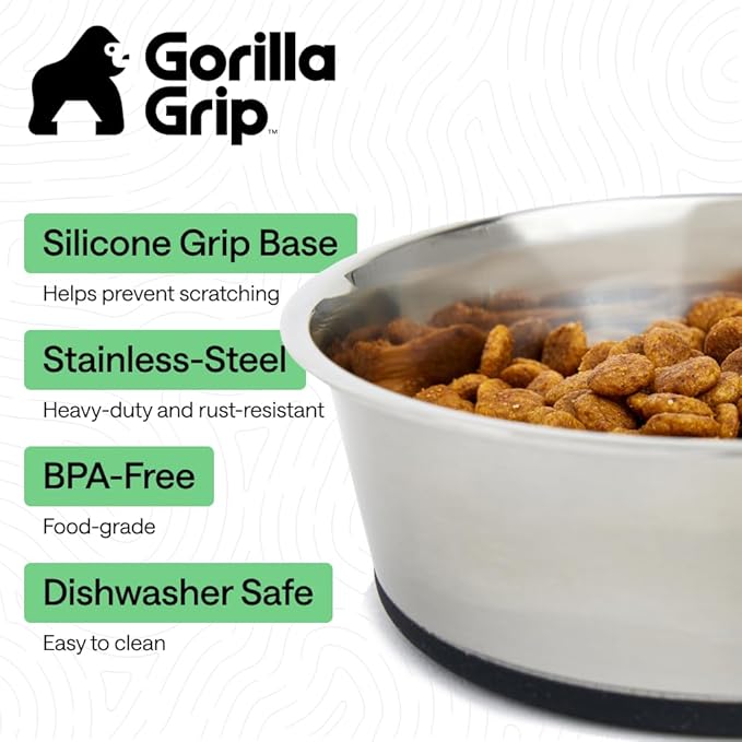 GORILLA GRIP Dog Bowls, Heavy Duty 304 Stainless Steel, Holds 6 Cups Each (48 fl oz) Food and Water Bowl for Feeding Dogs and Cats, Dishwasher Safe, Rust Resistant, BPA Free Rubber Base Set of 2 Black